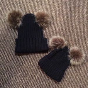 Adult and child double pom pom hats